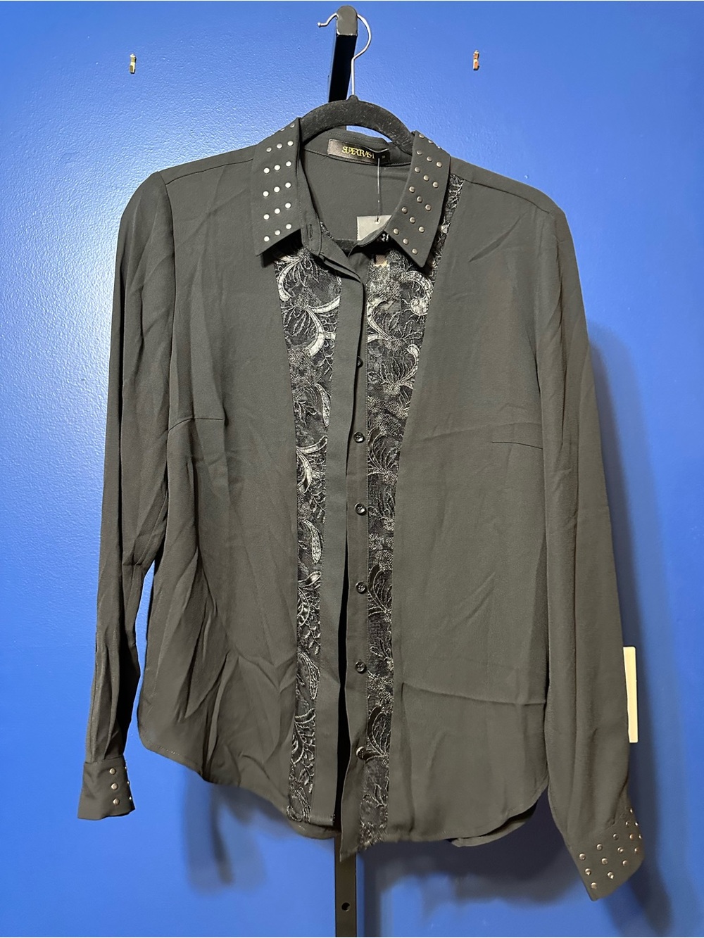 Supertrash Black Button-Up Shirt with Studded Trim